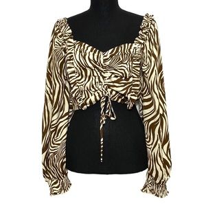 Papaya Animal Print Cinched Long Sleeve Crop Top L